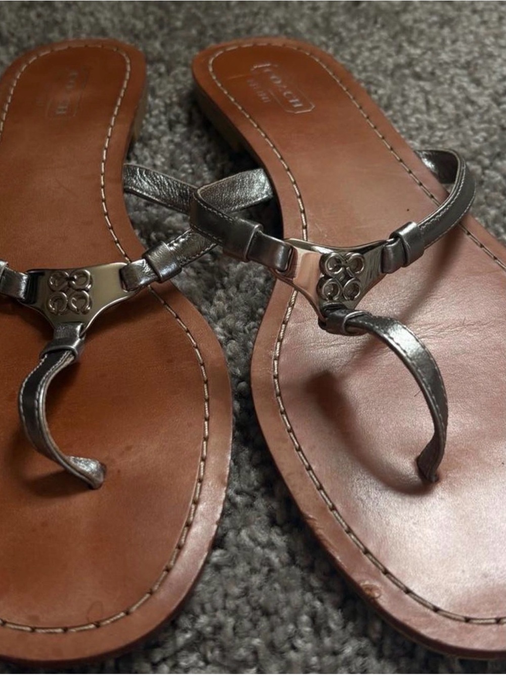 Coach Metallic Silver Leather Thong Sandals